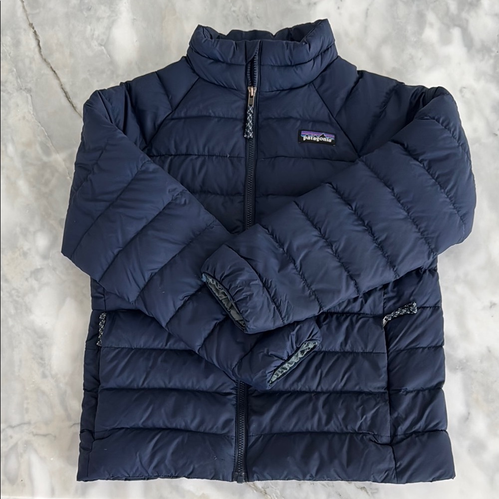 Patagonia Blue Quilted Puffer Jacket with High Collar